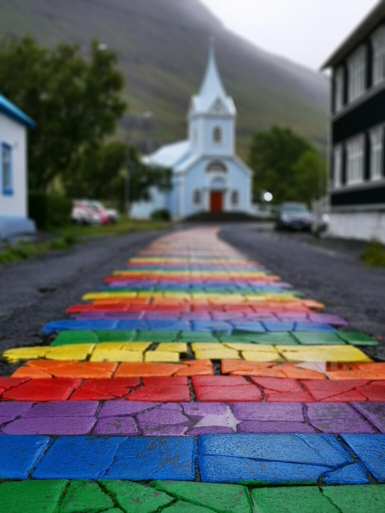 rainbow, church, nature, people, tiles, colors