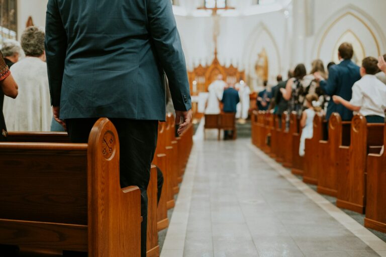 People gathered inside a church during a service.